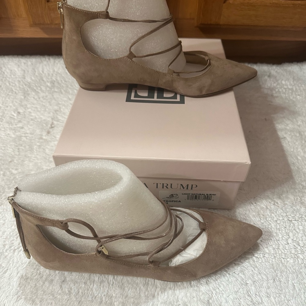 Ivanka Trump Tan Suede Lace-Up Flats